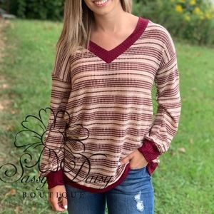 Small Burgundy/Cream Waffle Knit Boutique Top